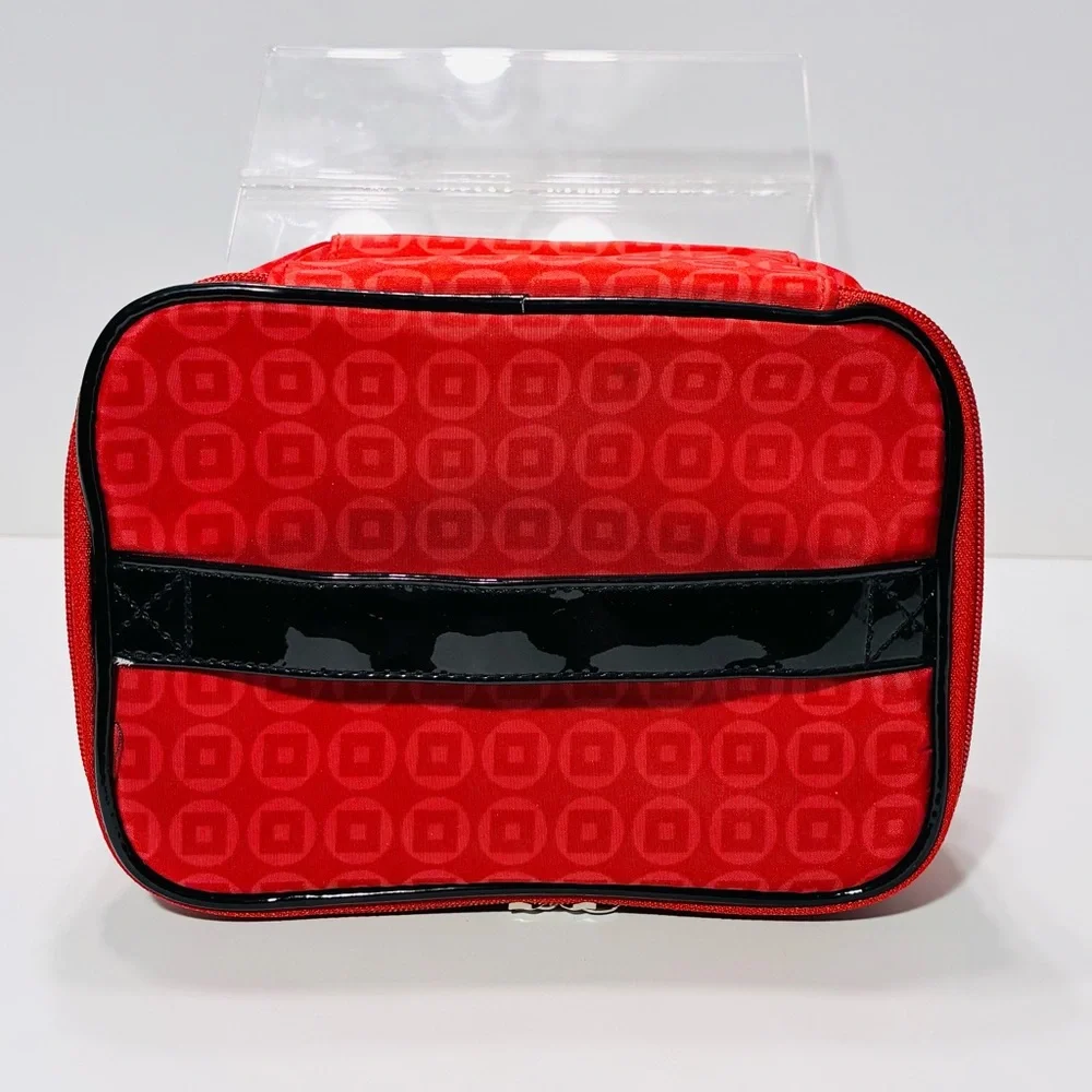 Y2K Lancôme Red Geometric Pattern Cosmetic Bag Black Patent Trim 6x7x4.5 Vintage